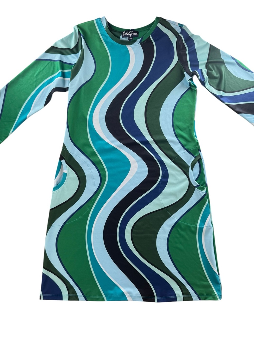 Leslie Evers Green Wave Retro 3/4 Sleeve Dress Size Large Knee Length